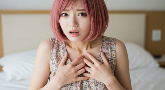 胸を抑えて怖がる風俗嬢
