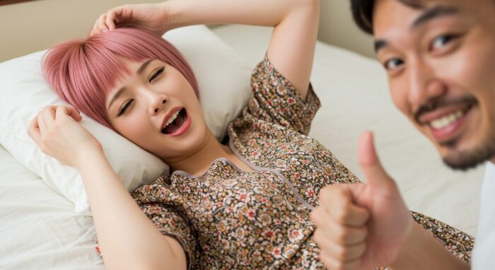 喘ぐ風俗嬢とサムズアップする男性