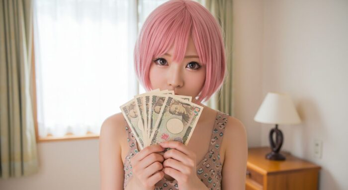 手に一万円札を広げる副業風俗嬢