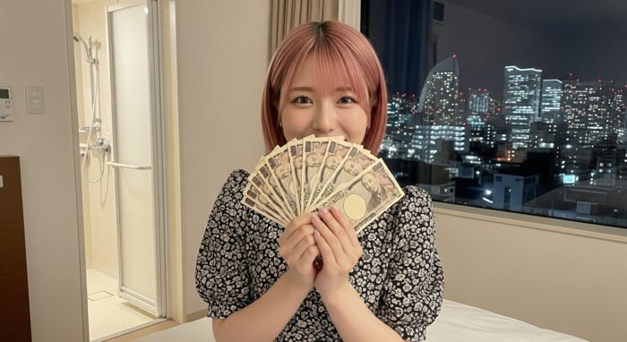 両手でお札を広げるハマヘル嬢
