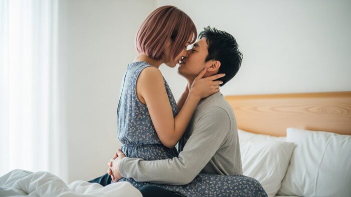 男性の膝の上に座ってキスをする女性