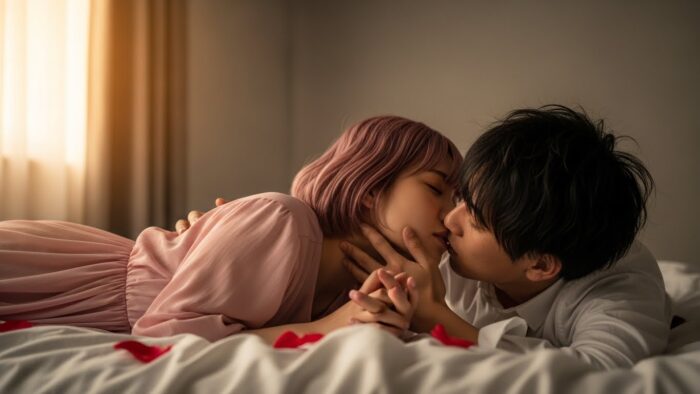 ベッドで情熱的なキスをするカップル