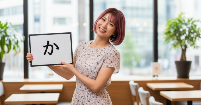 「か」と書かれたホワイトボードを持った女性