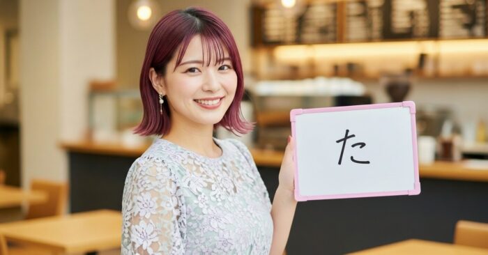 「た」と書かれたホワイトボードを持った女性