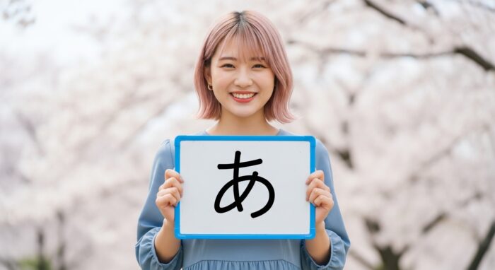 「あ」と書かれたホワイトボードを持った女性