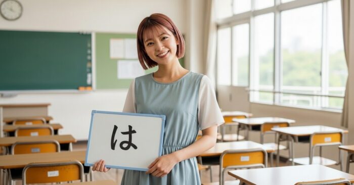 「は」と書かれたホワイトボードを持った女性