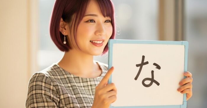 「な」と書かれたホワイトボードを持った女性
