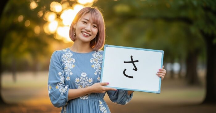 「さ」と書かれたホワイトボードを持った女性