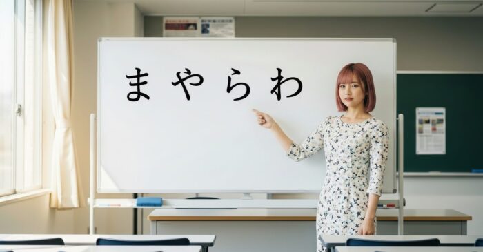 「ま」「や」「ら」「わ」と書かれたホワイトボードを持った女性