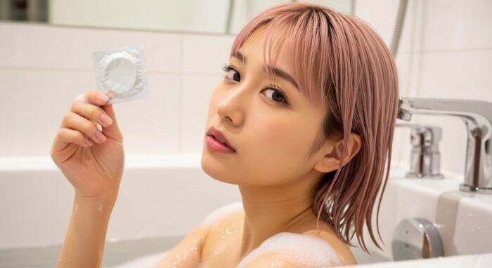 コンドームを手に持つソープ嬢