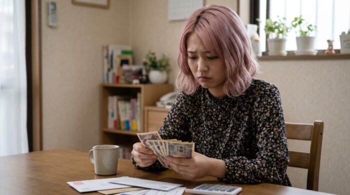 悲しそうにお金を数える風俗嬢