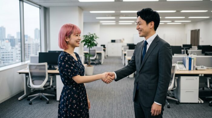 笑顔で握手する男女