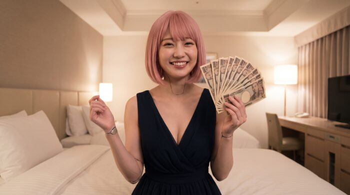 お金を持っている笑顔のロボットデリヘル嬢