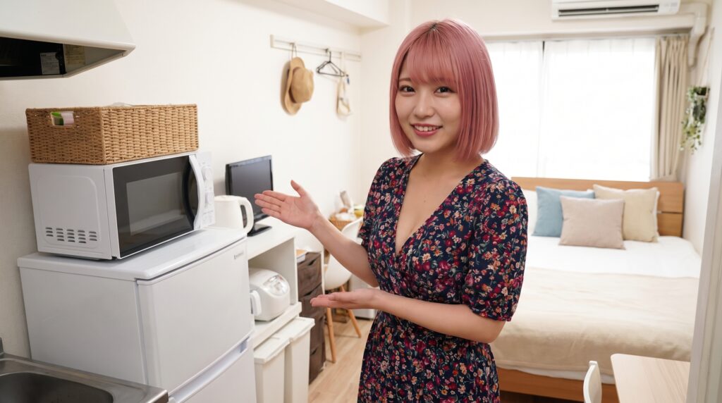 寮の家具を紹介する風俗嬢